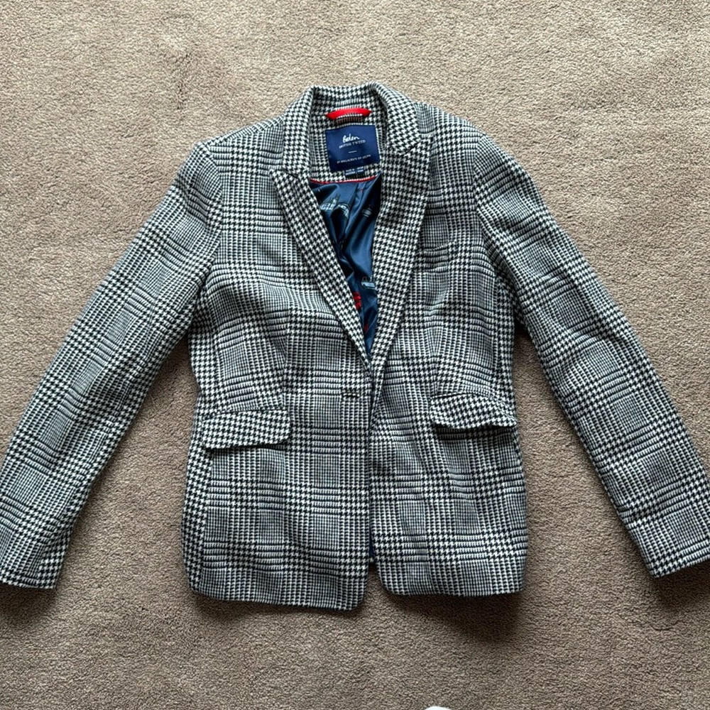 BODEN British Tweed Houndstooth Check Blazer Jacket TO176 US size 8 Navy White